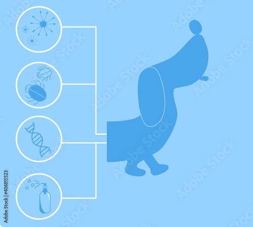 Dog skin problems.Infographics icons with different reasons of allergy,itching and scabs.Canine healthcare.Banner for vet clinic.Hair loss,pimples.Animal parasites and hormonal imbalance.Vector.Blue