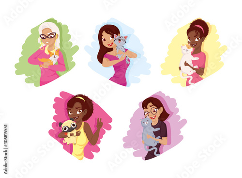Women with dogs and cats mascots set vector design