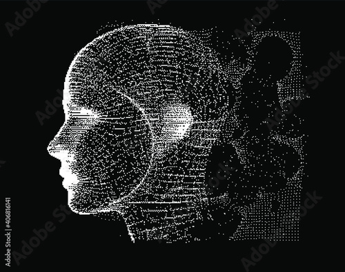 Abstract technology background with 3d face made of particles. Conceptual illustration of Artificial intelligence.