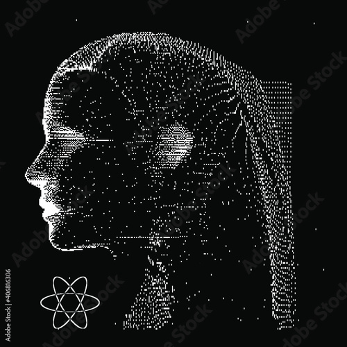Abstract technology background with 3d face made of particles. Conceptual illustration of Artificial intelligence.
