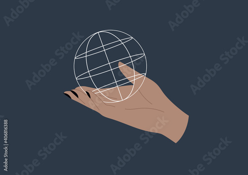 A hand holding a globe, geography and geopolitics, planet earth, ecology and responsible consumption