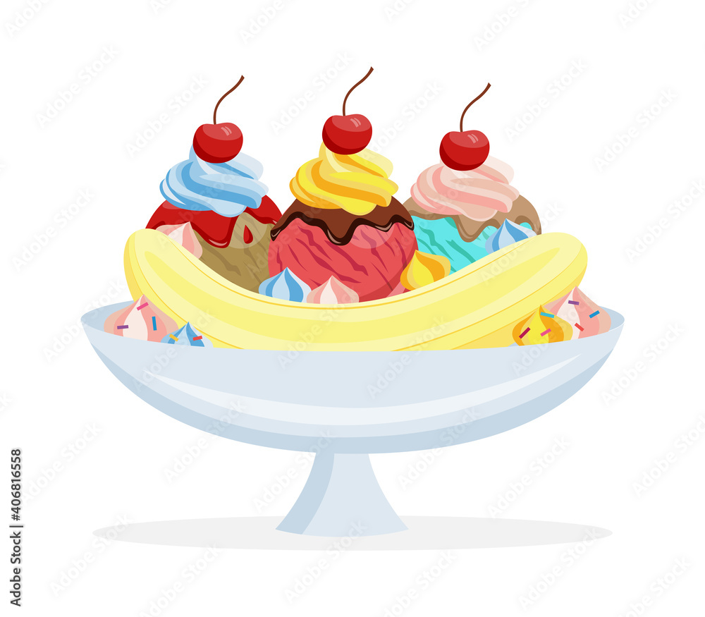 Banana split with sundae - sweet dessert, food for holiday event. Stock  Vector | Adobe Stock
