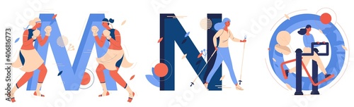 Capital letters M for muay thai, N for nordic walking, o for outdoor gym. Educative collection with creative lettering and women training sports