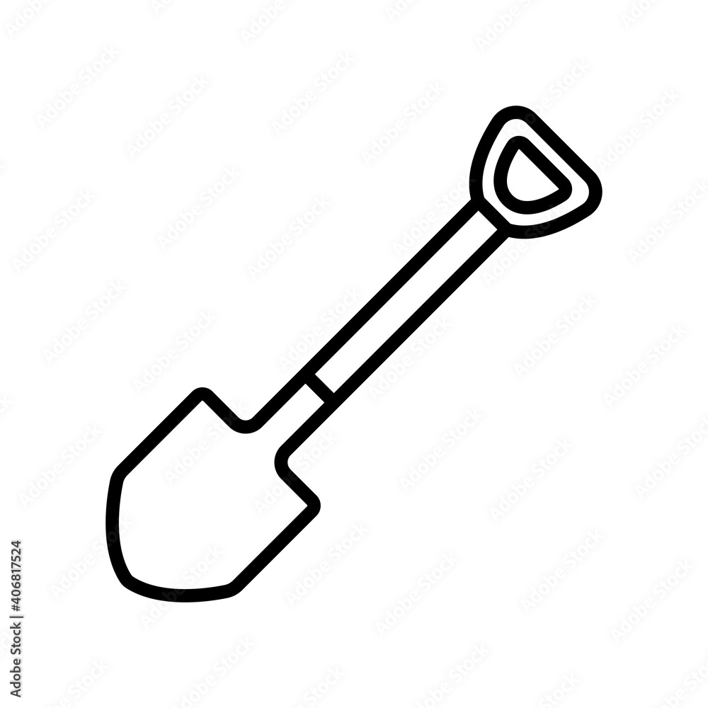 Shovel icon. Black contour silhouette. Linear drawing. Vector flat graphic illustration. The isolated object on a white background. Isolate. Shovel icon. Black contour silhouette. Linear drawing. Vector flat graphic illustration. The isolated object on a white background. Isolate.