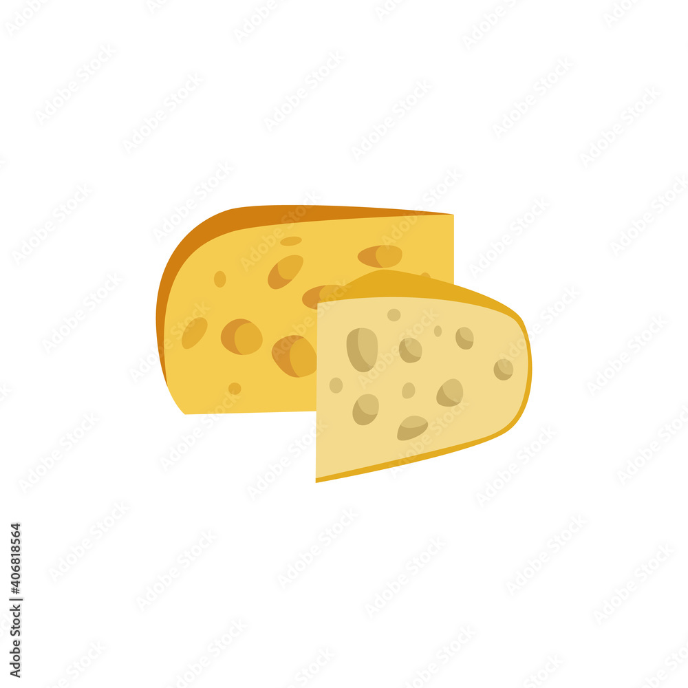 Yellow porous cut of head of cheese flat vector illustration isolated on white.