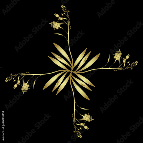 Square floral decor. Cross made of four branches of wild flower. Fireweed or Blooming Sally. Ivan Chai. Glossy golden silhouette on black background. photo