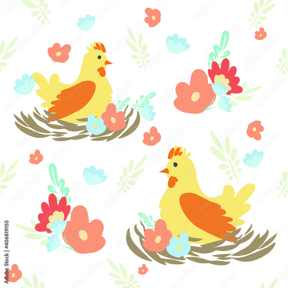 Obraz premium Easter holiday pattern . Vector pattern with chicken. Vector flowers plants. Chicken in the nest. Easter Egg