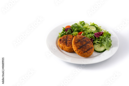 Delicious healthy chickpea burger and salad isolated on white background