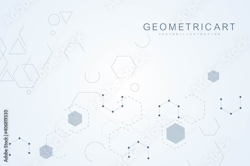 Science network pattern, connecting lines and dots. Technology hexagons structure or molecular connect elements.