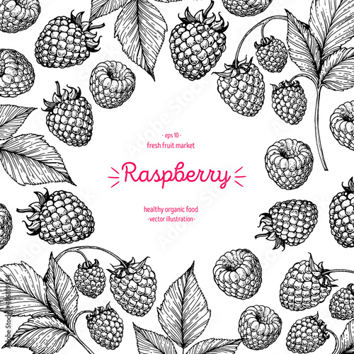 Raspberry frame, hand drawn vector illustration. Raspberries sketch. Vector illustration. Black and white.
