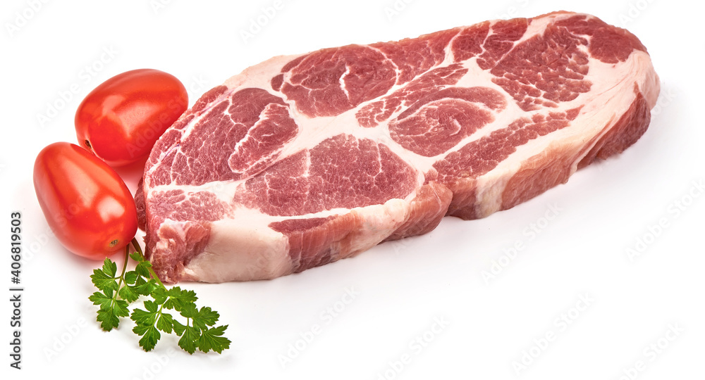 Raw pork steaks, isolated on white background