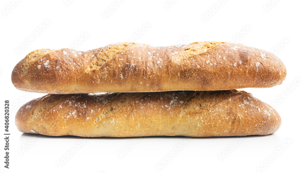 Two crispy fresh baguettes isolated on white background.