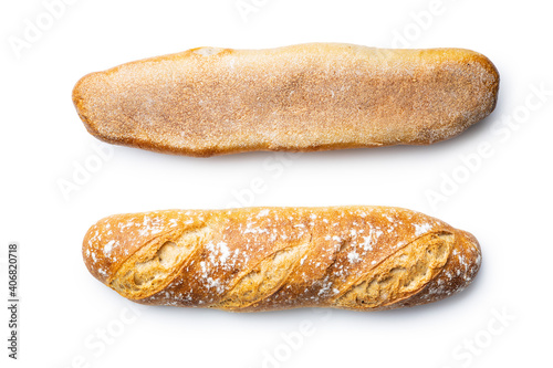 Two crispy fresh baguettes isolated on white background.
