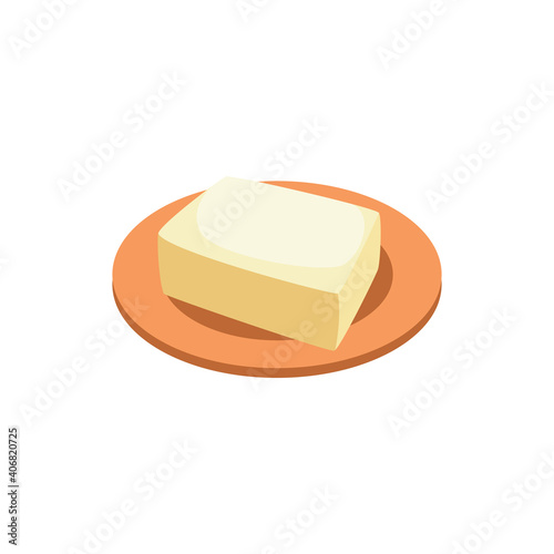 Square piece of butter on plate flat vector illustration isolated on white.