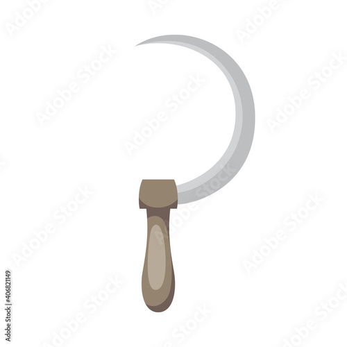 Icon of metal agricultural sickle with wooden handle a vector illustration.