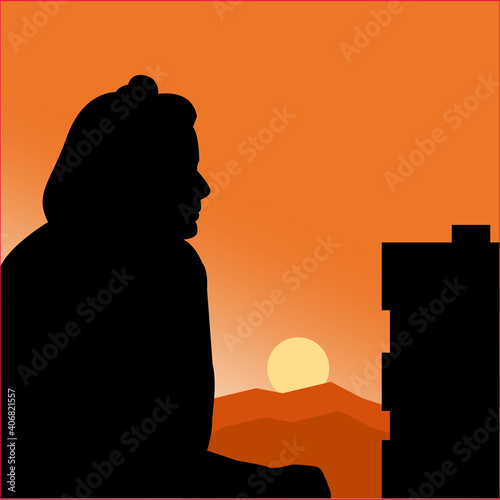 sun rising with Vector girl silhouette