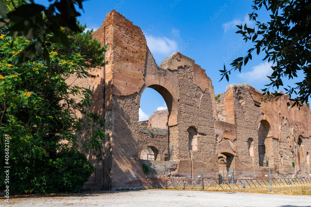 The ruins of the Baths of Caracalla grand examples of imperial baths in Rome, preserved for most of their structure, built by the emperor on the Piccolo Aventino near the Via Appia, Italy.