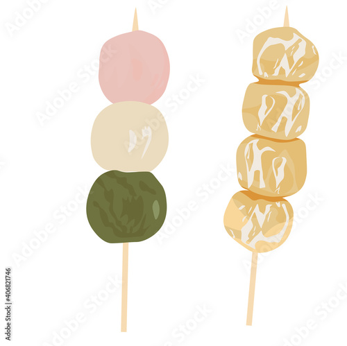 Dango vector stock illustration. Mochi balls, kinako flour. Japanese sweets, Kusa-dango (a rice-flour). Close up of a delicious dango (Japanese dumplings) skewer, food. Isolated on a white background.