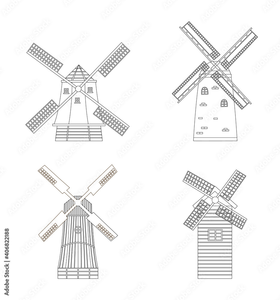Windmill line art set - isolated wind energy mill collection Windmill line art set - isolated wind energy mill collection
