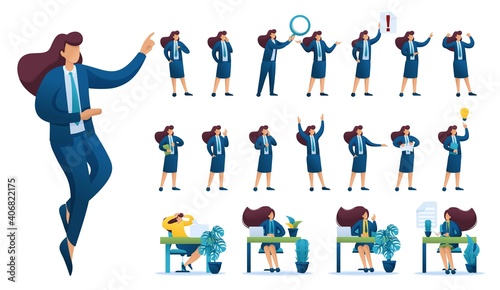 Set of Businesswoman. Presentation in various in various poses and actions. 2D Flat character vector illustration N2