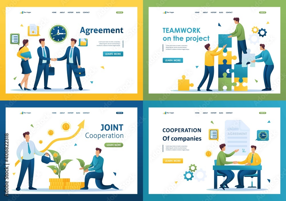 Set of landing pages on the topic of cooperation between companies. Flat 2D