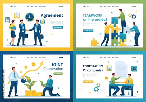 Set of landing pages on the topic of cooperation between companies. Flat 2D