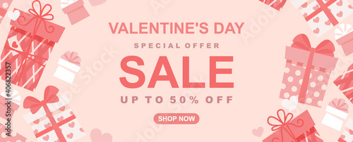 Valentine s day sale banner, falling gift boxes with hearts. Love  card template on a pink background. Vector illustration in a flat style. 