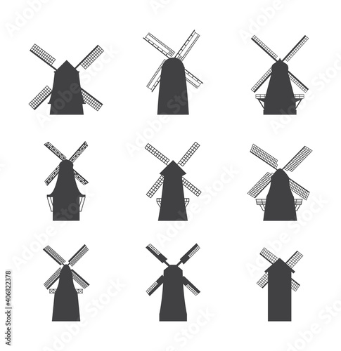 Black windmill silhouette icon set - flat wind mill buildings collection