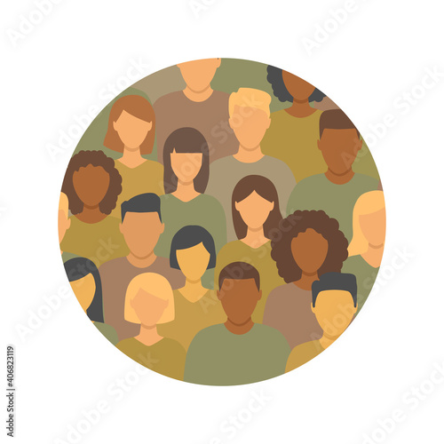 Diverse multicultural group of people standing together in round shape. Human social diversity crowd vector illustration. Concept of diversity men and women silhouettes.