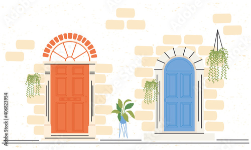 two orange and blue front doors with plants vector design