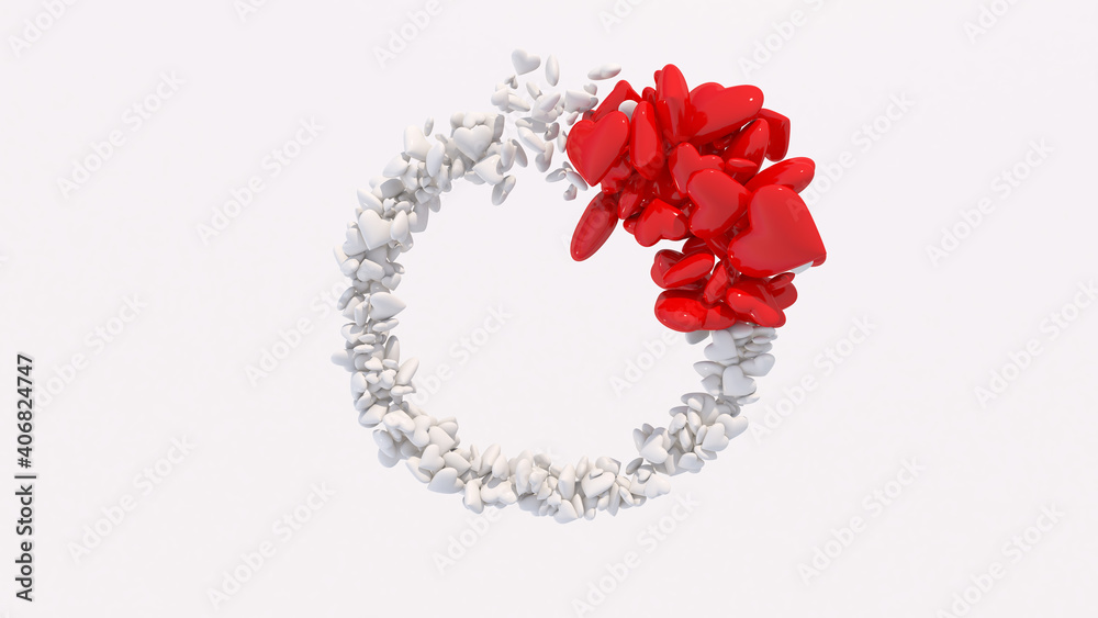 Circle with white and red hearts. Abstract illustration, 3d render.