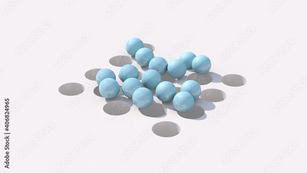 Blue glossy balls falling into holes. Abstract illustration, 3d render.