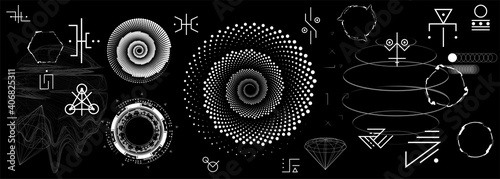 Fantasy abstract shapes in minimal style. Futuristic elements and astronomical bodies, alien signs, alchemical enigmatic symbols, 3D objects and futuristic shapes. Set of neo memphis. Vector set