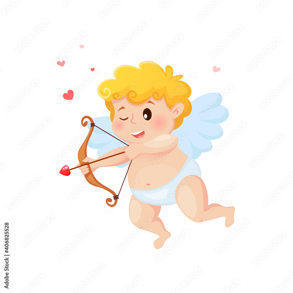 Cute cartoon Cupid with bow, arrow of love and hearts. Illustration for a Valentine's Day Cute cartoon Cupid with bow, arrow of love and hearts. Illustration for a Valentine's Day