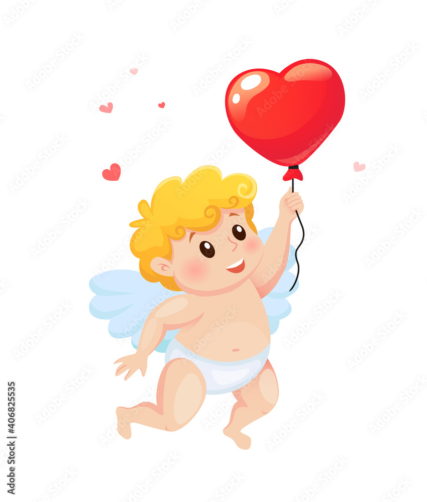 Cute cartoon Cupid with balloon in heart shape. Illustration for a Valentine's Day Cute cartoon Cupid with balloon in heart shape. Illustration for a Valentine's Day