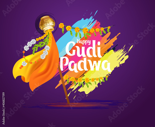 Ugadi vector festive illustration. Hindu New Year celebration for Marathas and Konkani Gudi Padwa. design graphics for posters, posters, flyers, offers, booklets, cards. another name Ugadi or Yugadi