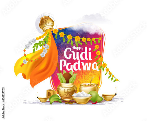 Ugadi vector festive illustration. Hindu New Year celebration for Marathas and Konkani Gudi Padwa. design graphics for posters, posters, flyers, offers, booklets, cards. another name Ugadi or Yugadi