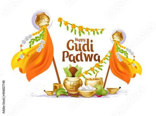 Ugadi vector festive illustration. Hindu New Year celebration for Marathas and Konkani Gudi Padwa. design graphics for posters, posters, flyers, offers, booklets, cards. another name Ugadi or Yugadi