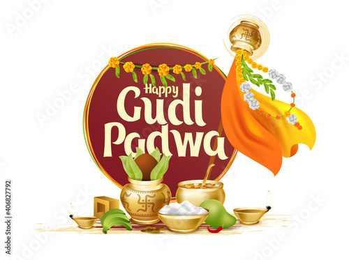 Ugadi vector festive illustration. Hindu New Year celebration for Marathas and Konkani Gudi Padwa. design graphics for posters, posters, flyers, offers, booklets, cards. another name Ugadi or Yugadi