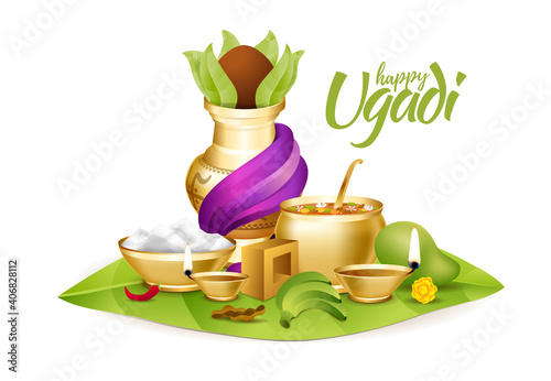 Ugadi vector festive illustration. Hindu New Year celebration for Marathas and Konkani Gudi Padwa. design graphics for posters, posters, flyers, offers, booklets, cards. another name Ugadi or Yugadi
