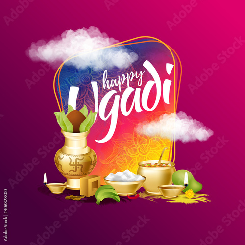 Ugadi vector festive illustration. Hindu New Year celebration for Marathas and Konkani Gudi Padwa. design graphics for posters, posters, flyers, offers, booklets, cards. another name Ugadi or Yugadi