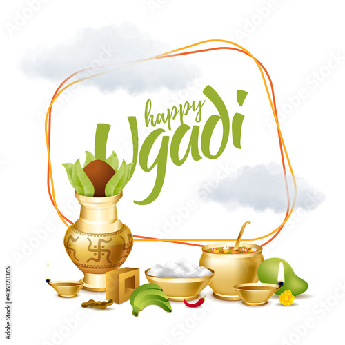 Ugadi vector festive illustration. Hindu New Year celebration for Marathas and Konkani Gudi Padwa. design graphics for posters, posters, flyers, offers, booklets, cards. another name Ugadi or Yugadi