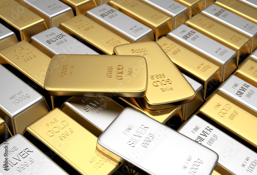 Rows of gold and silver bars with several thin bars. 3d illustration