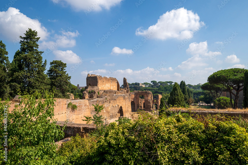 Ruins of the Baths of Caracalla the most important baths of Rome at the time of the Roman Empire. The grandiose ruins of the majestic brick walls with blue sky vegetation, Rome, Lazio, Italy.