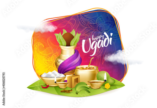 Ugadi vector festive illustration. Hindu New Year celebration for Marathas and Konkani Gudi Padwa. design graphics for posters, posters, flyers, offers, booklets, cards. another name Ugadi or Yugadi