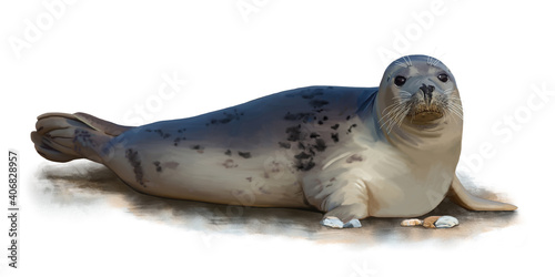 Bellissima foca comune (Phoca vitulina)  su sfondo bianco. Dipinto