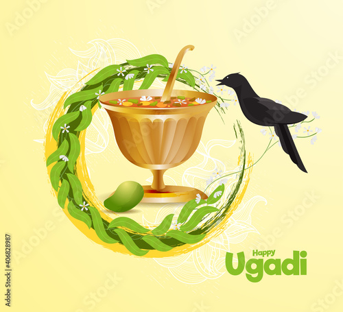 Ugadi vector festive illustration. Hindu New Year celebration for Marathas and Konkani Gudi Padwa. design graphics for posters, posters, flyers, offers, booklets, cards. another name Ugadi or Yugadi