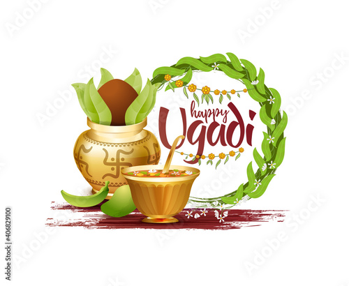 Ugadi vector festive illustration. Hindu New Year celebration for Marathas and Konkani Gudi Padwa. design graphics for posters, posters, flyers, offers, booklets, cards. another name Ugadi or Yugadi
