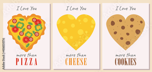 Set of postcards for Valentine's Day. Funny gifts for the holiday of love. I love you more than pizza, cheese, cookies. Congratulations on the holiday. Creative confession of love.