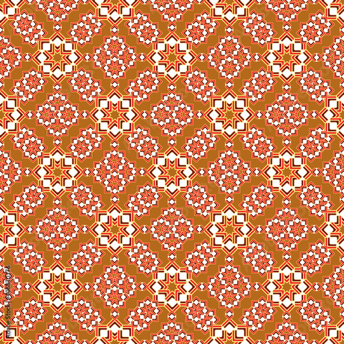A complex geometric pattern of bright curly stars. Diagonal seamless print in red and brown shades.
